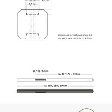 Betonpaal glad met diamantkop 10x10x280 cm, antraciet ongecoat, eindpaal